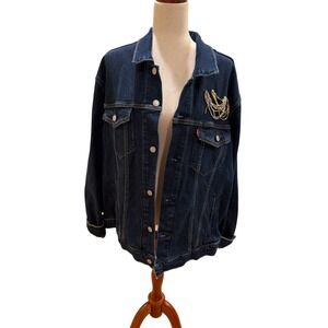 Levis Custom Hand Painted "As Above So Below" Denim Trucker Jacket XL Dark Wash